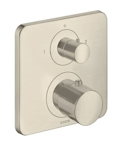 Thermostat-Element von AXOR mit zwei Drehreglern auf einer quadratischen, gebürsteten Nickel-Oberfläche. Ein Regler dient zum An- und Ausschalten, der andere zur Temperaturregelung.
